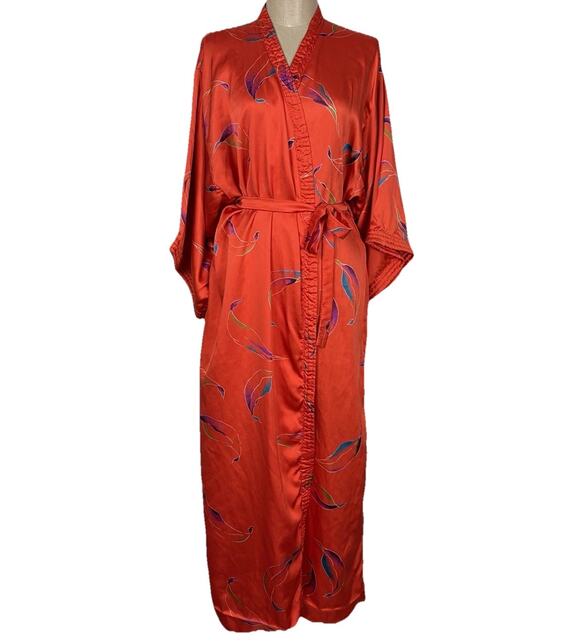 California Dynasty Other - Vintage California Dynasty Style Kimono Robe Belt Red Botanical Satin Size Large
